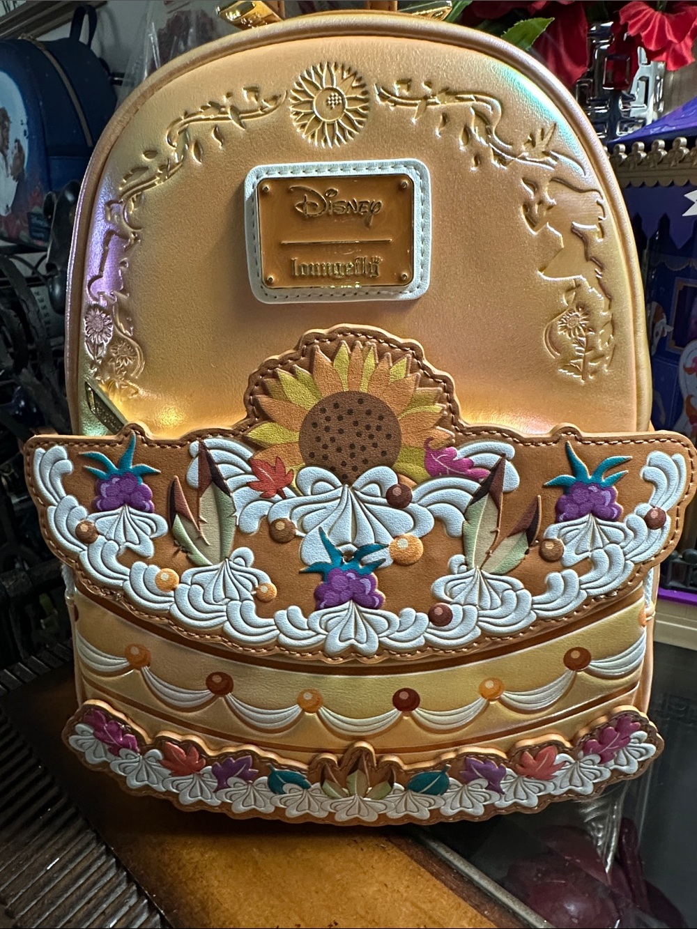 Loungefly Pocohontas cake Iridescent Sunflower Embroidered Mini Backpack NWT